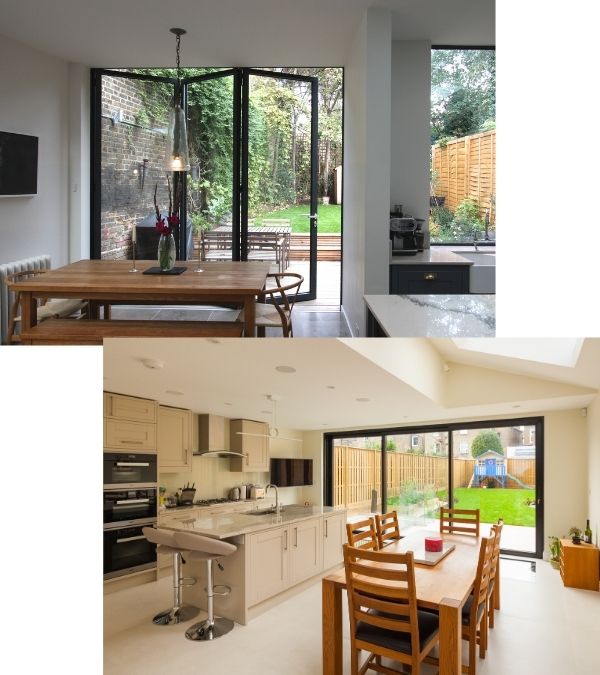 Sieger aluminium three pane bifold door and Sieger three pane slim sliding glass door with aluminium frame - both in a modern kitchen extension Sieger aluminium three pane bifold door and Sieger three pane slim sliding glass door with aluminium frame - both in a modern kitchen extension