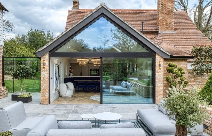 two pane Sieger slim sliding door with a large gable end window