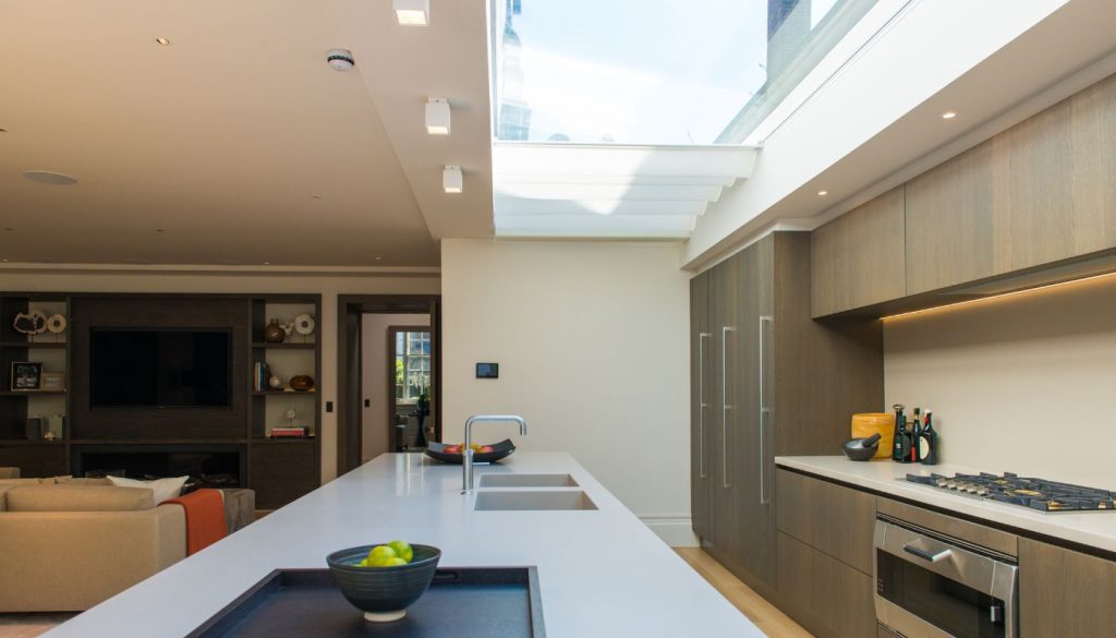 Kitchen view of a M.A.R.S automated rooflight - Bedford Gardens - Sieger Systems glass types
